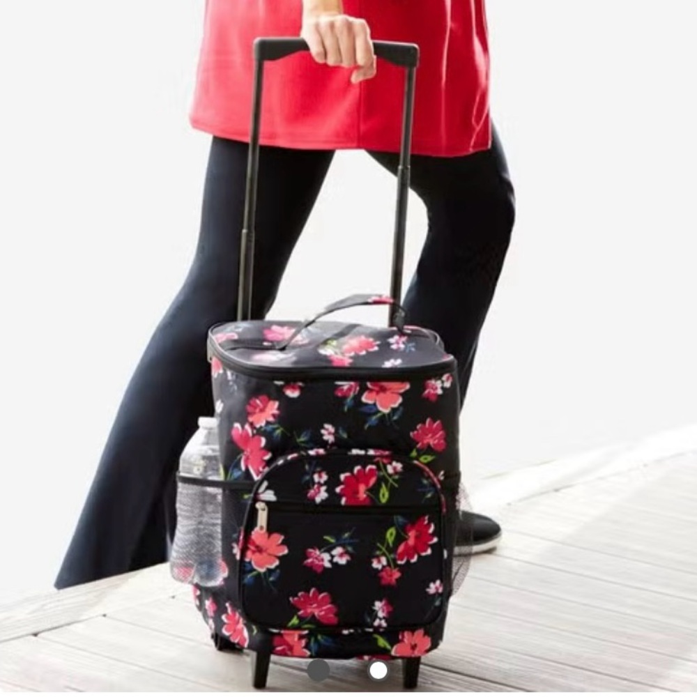 Rolling Tote Bag - Shopping Trolley - Retractable Handle - Black & Red - NWT